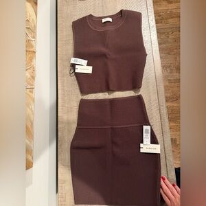 Babaton Espresso Ribbed Skirt and Top Set from Aritzia. Top is Med, Skirt is Sm.